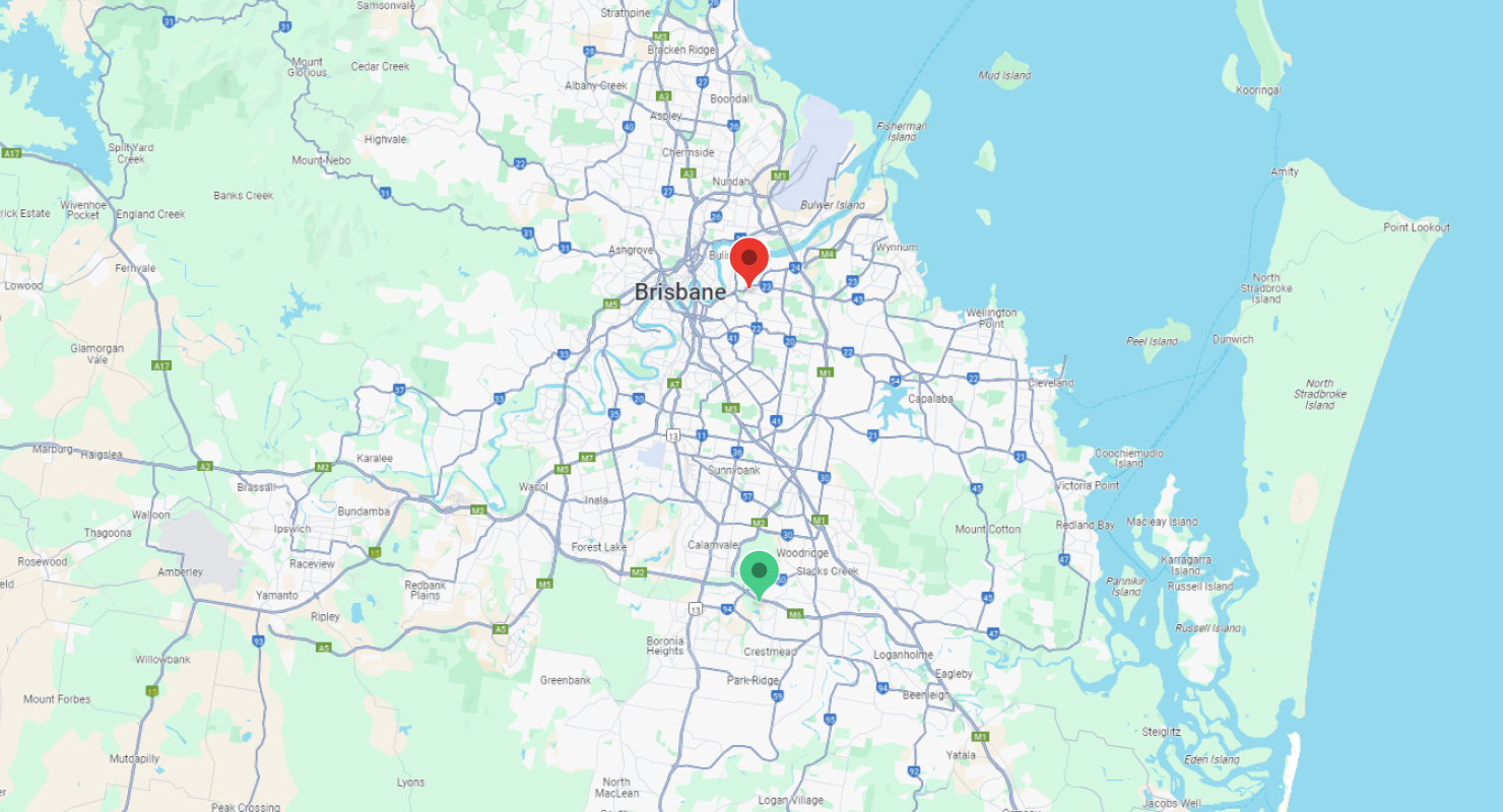 Map showing Brisbane CBD area with Willco Logistics cold storage locations in Morningside and Berrinba