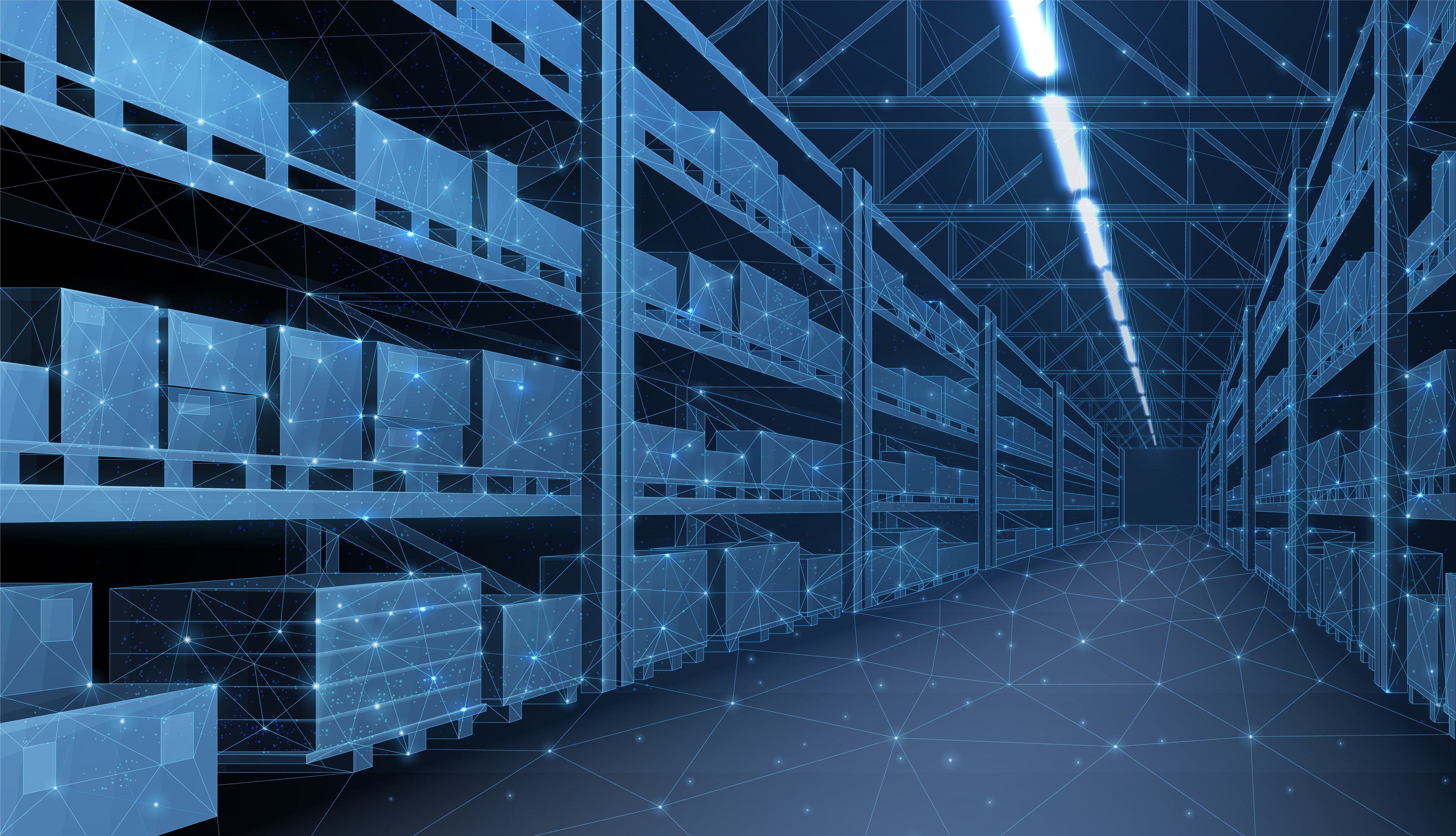 Digital warehouse with network connectivity overlay showing advanced warehouse management technology